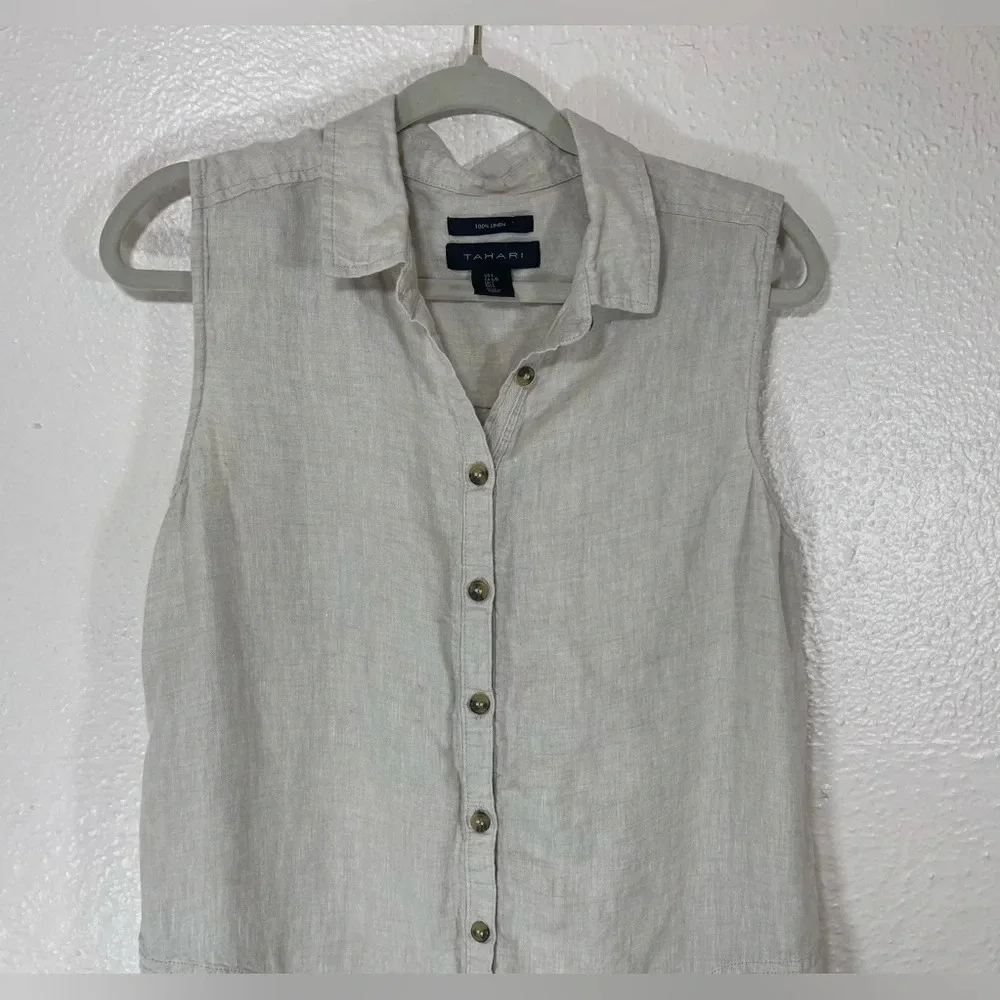 Tahari 100% Linen Beige Sleeveless Collared Button Down Shirt Dress Women Large